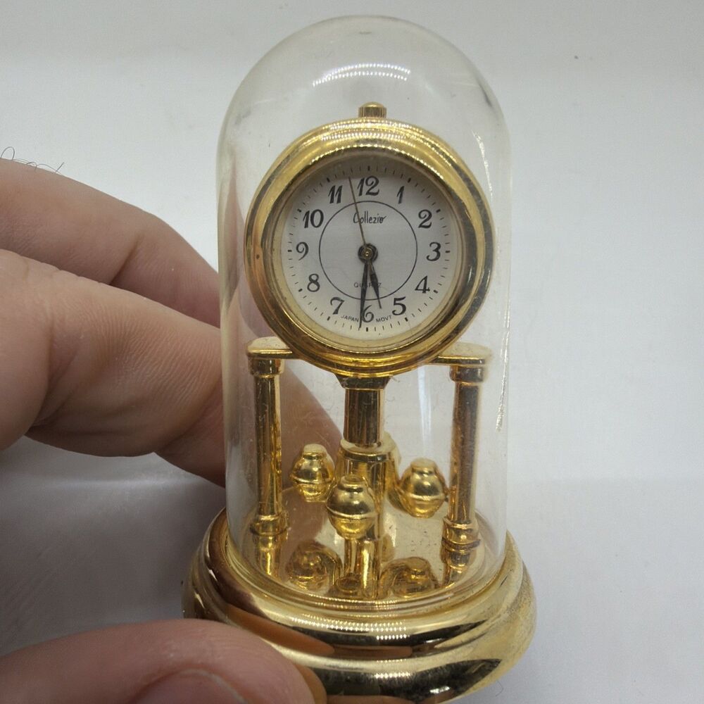 Collezio Miniature Anniversary Clock Gold Tone Glass Dome Quartz Desk Decor 3in